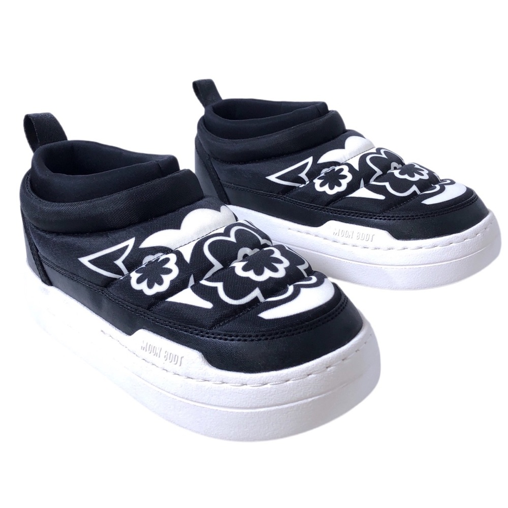 Moon Boot Park Soft Flower Black White Slip On Snow Sneaker Shoes